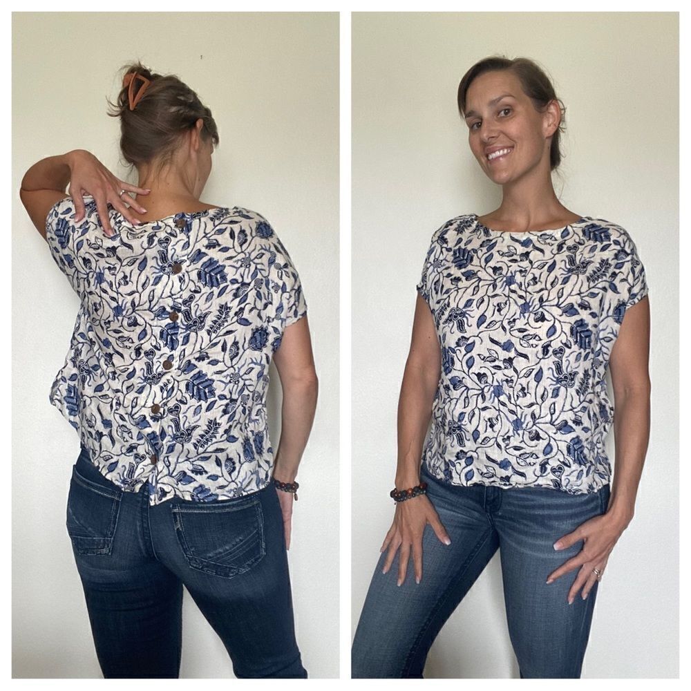 Rachel Zoe Floral Linen Top Button Back Multiway Navy Cottagecore
